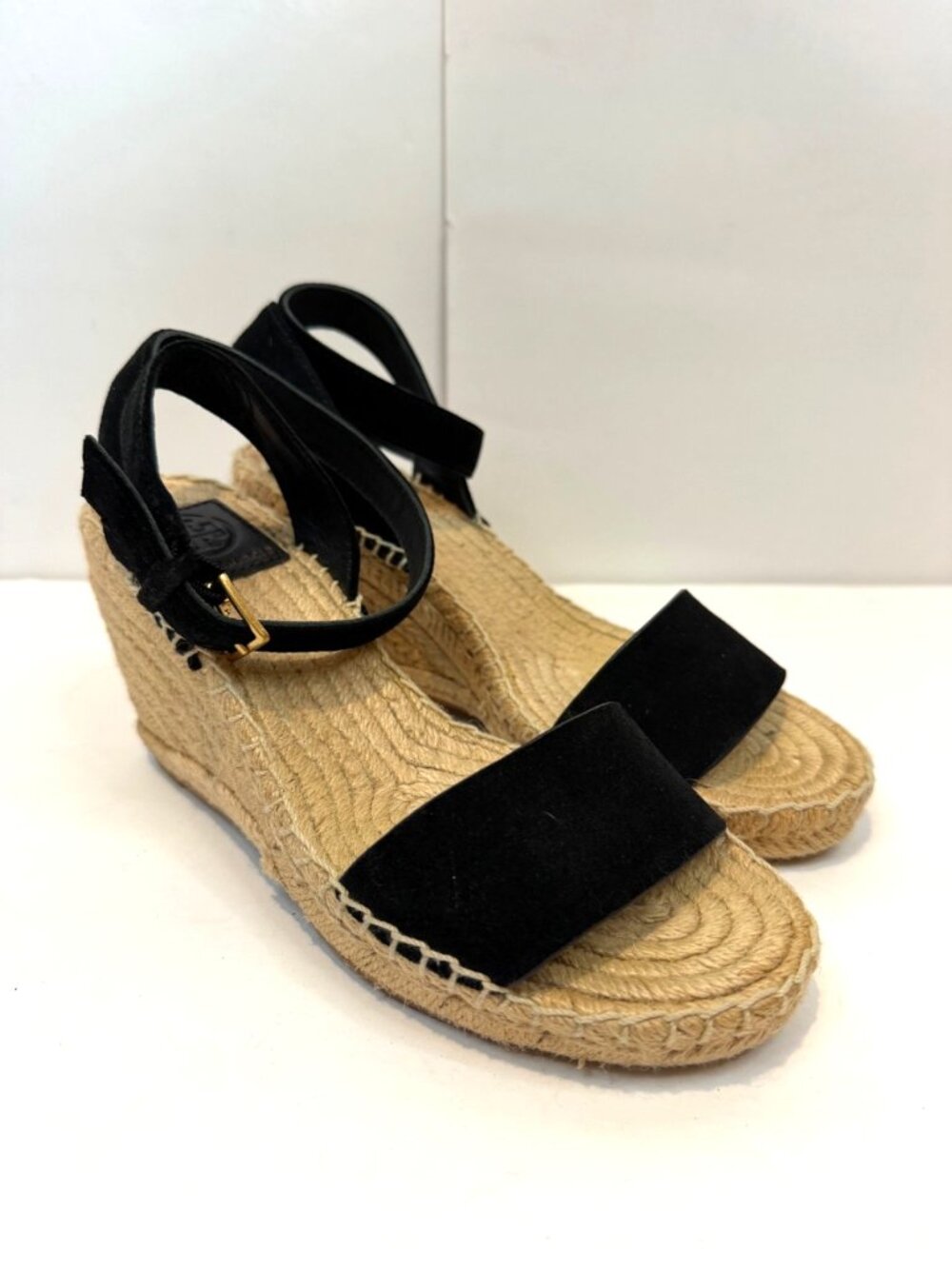 Tory Burch Women's Laurel Espadrille Wedge Sandal 6 1/2 Ankle Wrap Black Suede